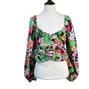 NWT Antonella Fashion Cropped Ruffled floral Bold print Long Sleeve Blouse